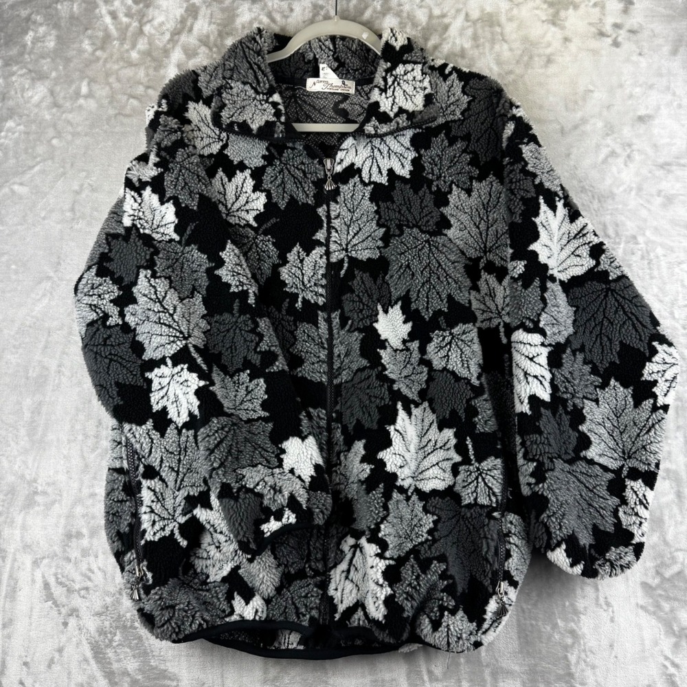 Vintage Norm Thompson Fleece Jacket Womens L Black Gray Leaf Print Zip Up (1654)